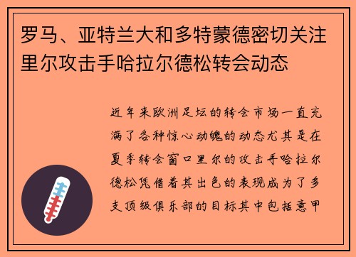 罗马、亚特兰大和多特蒙德密切关注里尔攻击手哈拉尔德松转会动态