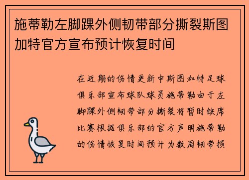 施蒂勒左脚踝外侧韧带部分撕裂斯图加特官方宣布预计恢复时间