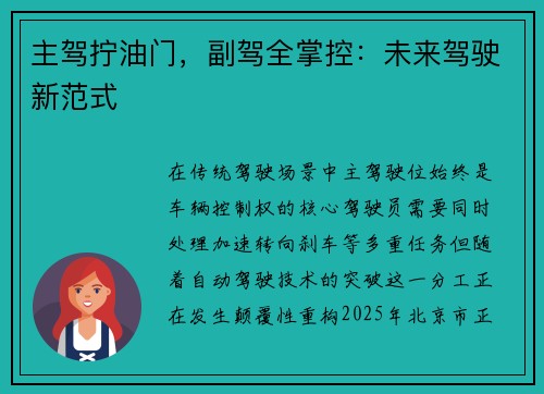 主驾拧油门，副驾全掌控：未来驾驶新范式