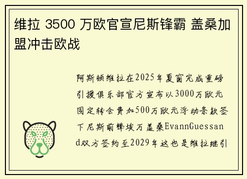 维拉 3500 万欧官宣尼斯锋霸 盖桑加盟冲击欧战